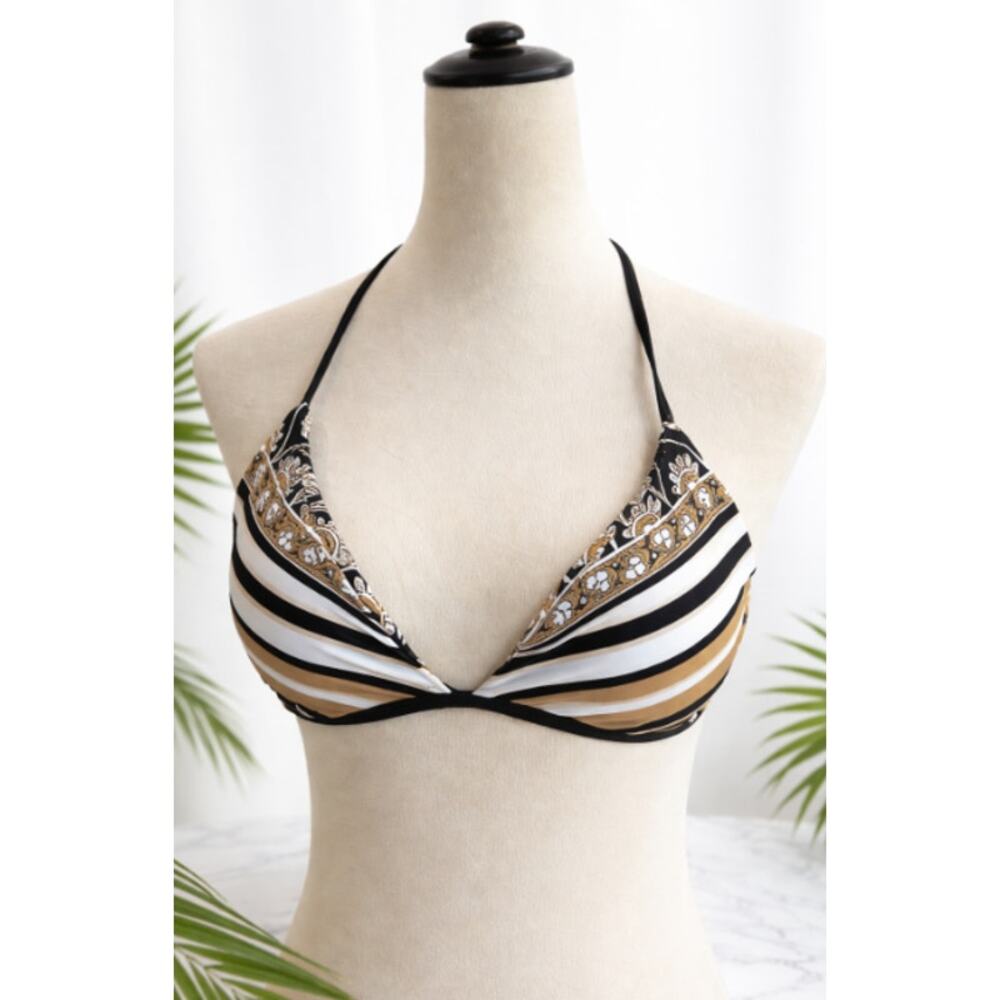 Sunshine 79 Reversible Bikini Top Brown Floral Stripe Halter Size 10 NWT
